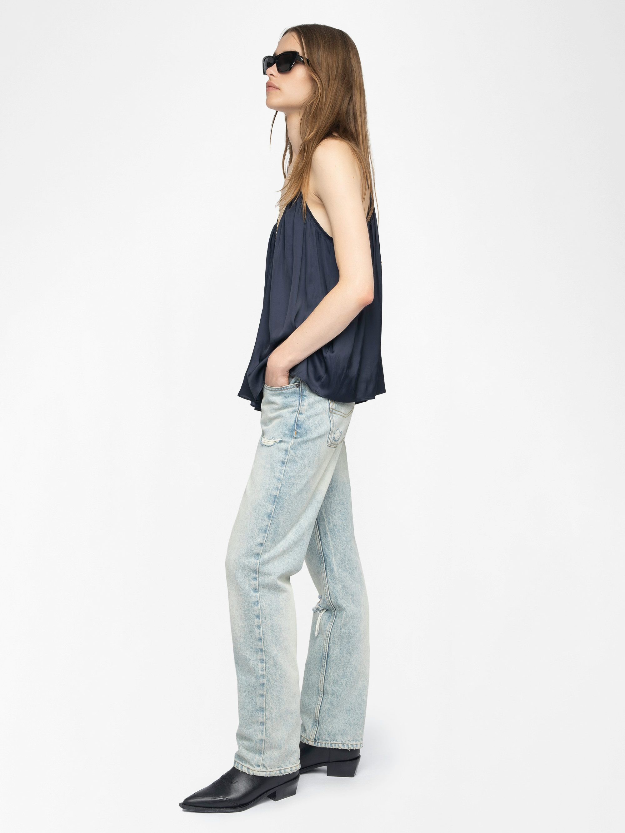 Cym Satin Pleated Camisole - Pleated Japanese satin camisole with adjustable straps at the back and signature metal wings at the front.